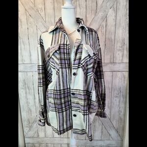 Stylish Plaid Button-Down Shacket in Purple and White